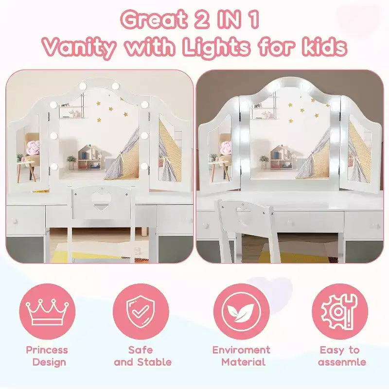 Coiffeuse Acekool pour enfants avec miroir triptyque détachable, tiroirs de rangement et étagères, bureau et chaise de maquillage pour chambre de filles