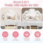 Coiffeuse Acekool pour enfants avec miroir triptyque détachable, tiroirs de rangement et étagères, bureau et chaise de maquillage pour chambre de filles