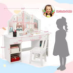 Coiffeuse Acekool pour enfants avec miroir triptyque détachable, tiroirs de rangement et étagères, bureau et chaise de maquillage pour chambre de filles