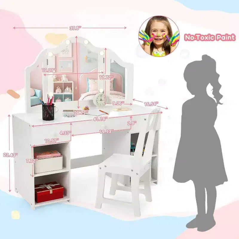 Coiffeuse Acekool pour enfants avec miroir triptyque détachable, tiroirs de rangement et étagères, bureau et chaise de maquillage pour chambre de filles