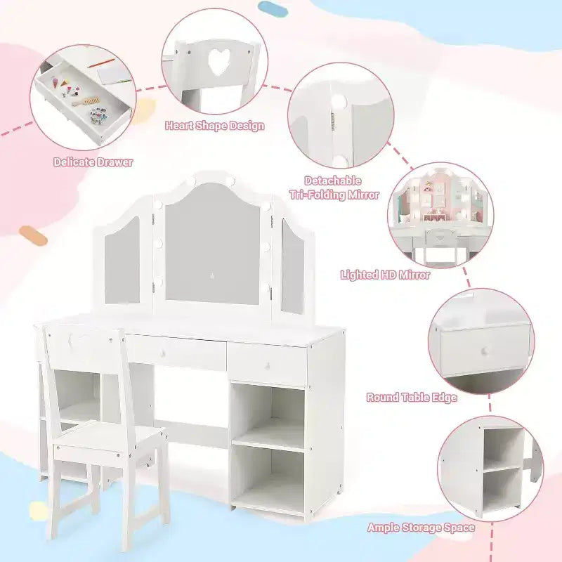 Coiffeuse Acekool pour enfants avec miroir triptyque détachable, tiroirs de rangement et étagères, bureau et chaise de maquillage pour chambre de filles