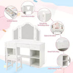 Coiffeuse Acekool pour enfants avec miroir triptyque détachable, tiroirs de rangement et étagères, bureau et chaise de maquillage pour chambre de filles