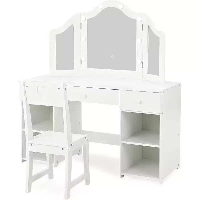 Coiffeuse Acekool pour enfants avec miroir triptyque détachable, tiroirs de rangement et étagères, bureau et chaise de maquillage pour chambre de filles