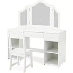 Coiffeuse Acekool pour enfants avec miroir triptyque détachable, tiroirs de rangement et étagères, bureau et chaise de maquillage pour chambre de filles