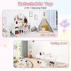 Coiffeuse Acekool pour enfants avec miroir triptyque détachable, tiroirs de rangement et étagères, bureau et chaise de maquillage pour chambre de filles