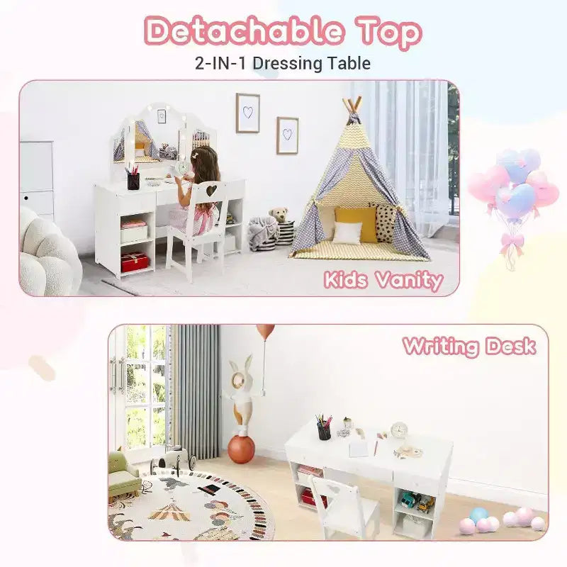 Coiffeuse Acekool pour enfants avec miroir triptyque détachable, tiroirs de rangement et étagères, bureau et chaise de maquillage pour chambre de filles