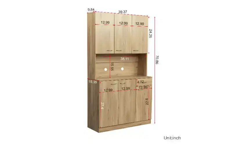 TUYOHW Armoire de rangement 6 portes, Armoire et meuble de cuisine haute de 180 cm avec tiroir et étagère ouverte, Meuble de rangement de cuisine et armoire de chambre en MDF