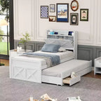 Whisen Twin Wooden Bed, Extendable Bed Frame with Twin Size Trundle, Storage Headboard, Three Drawers