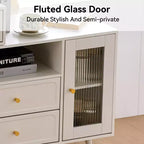GDFStudio Ramon Coiffeuse 4 tiroirs avec tabouret, miroir dimmable, prise électrique et armoire latérale réglable