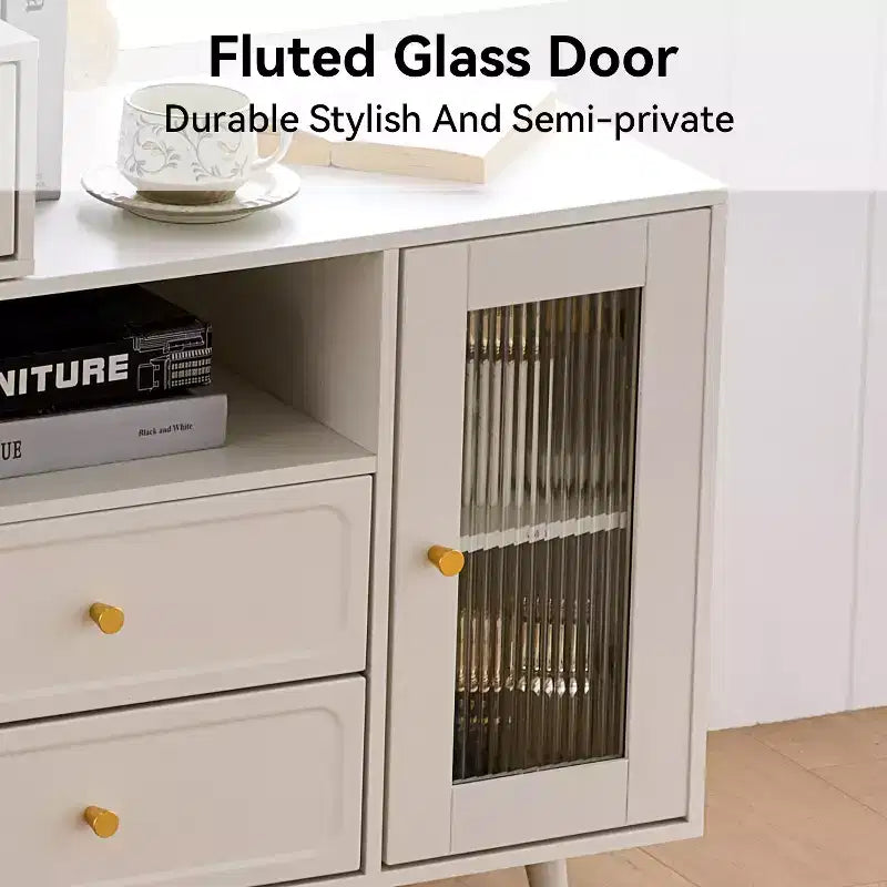 GDFStudio Ramon Coiffeuse 4 tiroirs avec tabouret, miroir dimmable, prise électrique et armoire latérale réglable