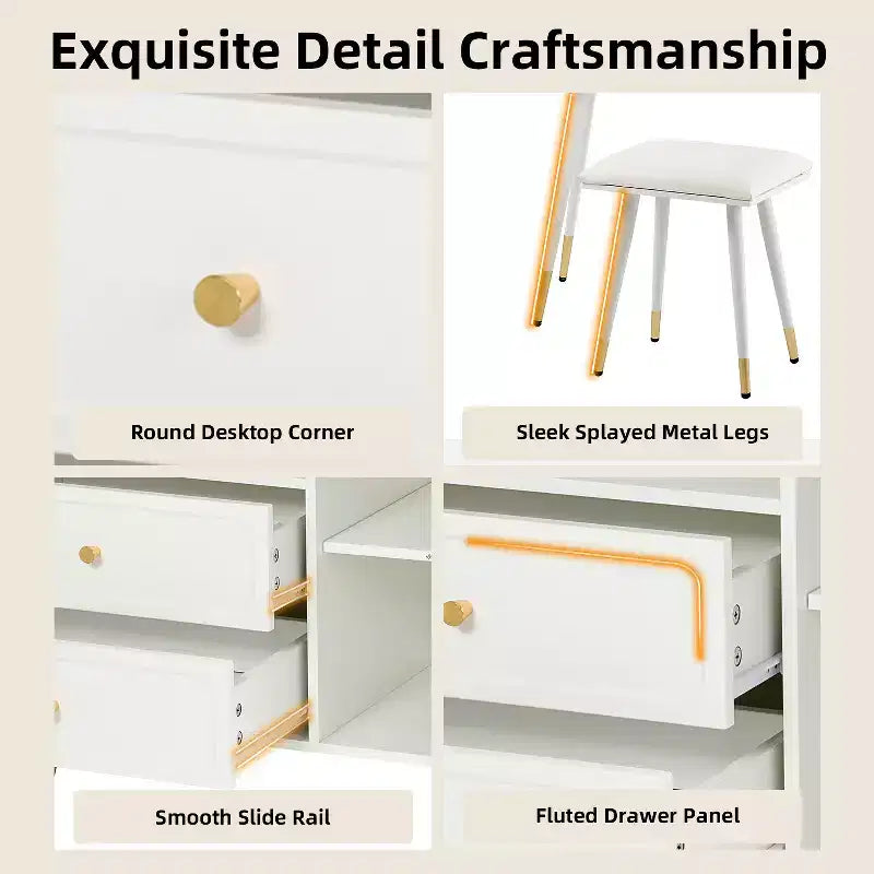 GDFStudio Ramon Coiffeuse 4 tiroirs avec tabouret, miroir dimmable, prise électrique et armoire latérale réglable