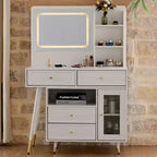 GDFStudio Ramon Coiffeuse 4 tiroirs avec tabouret, miroir dimmable, prise électrique et armoire latérale réglable