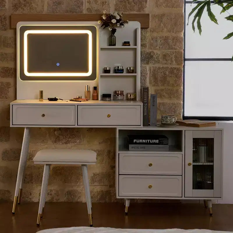 GDFStudio Ramon Coiffeuse 4 tiroirs avec tabouret, miroir dimmable, prise électrique et armoire latérale réglable
