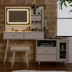 GDFStudio Ramon Coiffeuse 4 tiroirs avec tabouret, miroir dimmable, prise électrique et armoire latérale réglable
