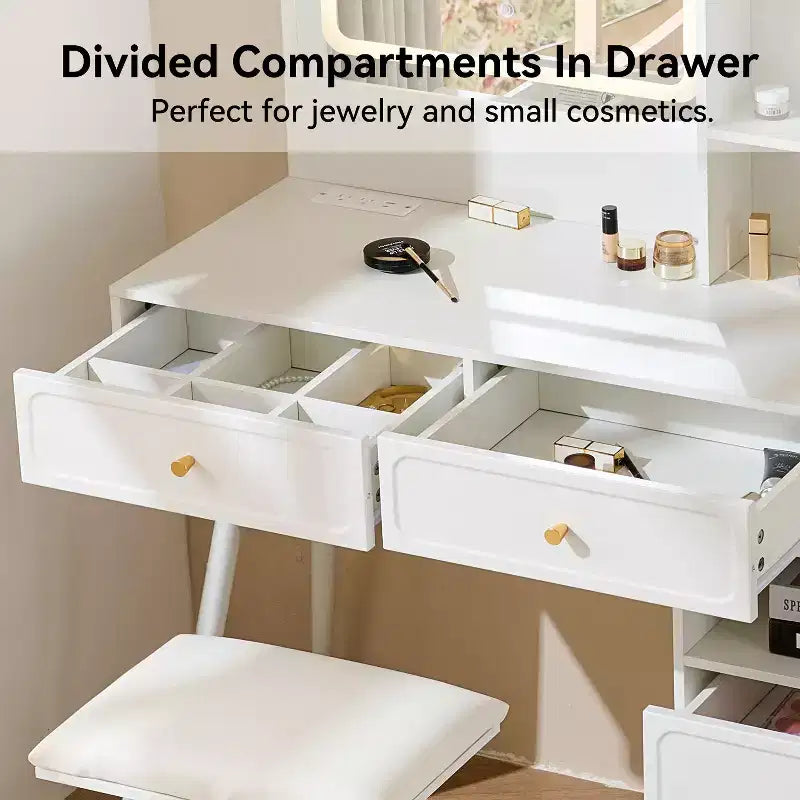 GDFStudio Ramon Coiffeuse 4 tiroirs avec tabouret, miroir dimmable, prise électrique et armoire latérale réglable