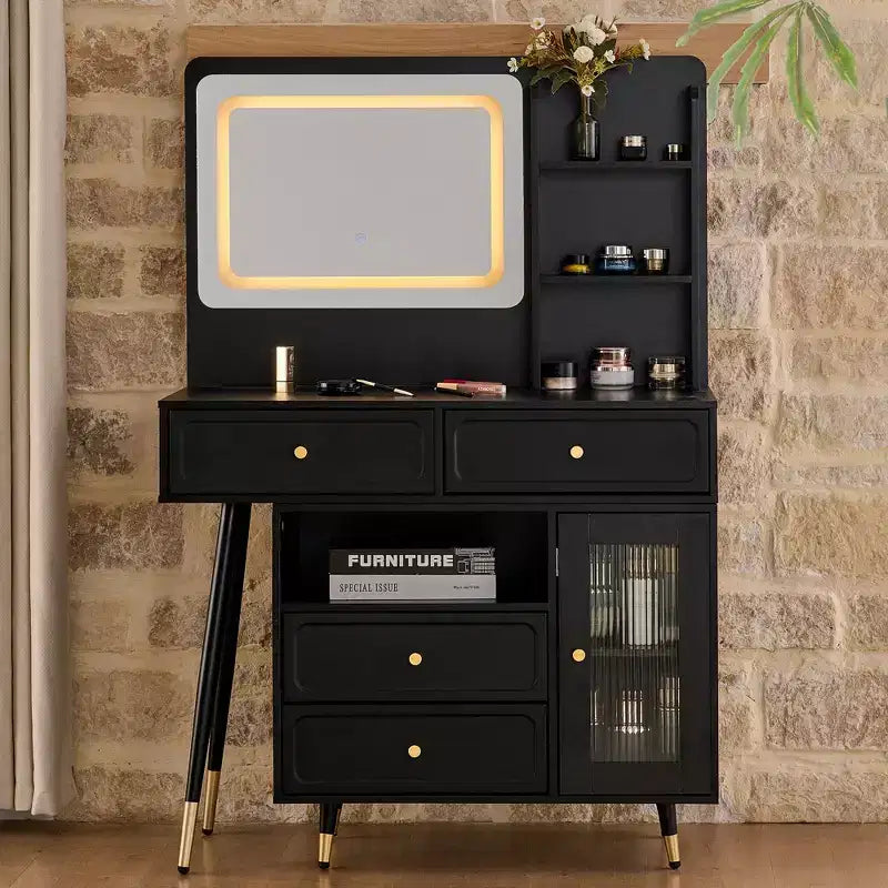 GDFStudio Ramon Coiffeuse 4 tiroirs avec tabouret, miroir dimmable, prise électrique et armoire latérale réglable