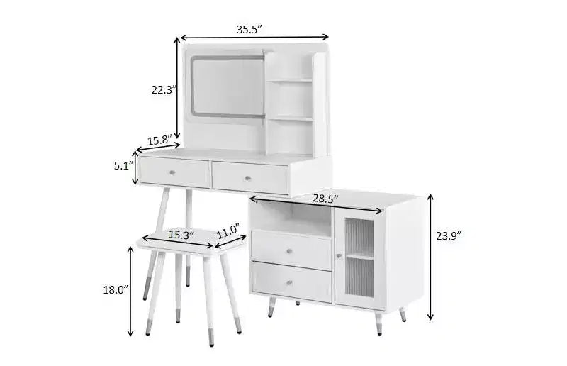 GDFStudio Ramon Coiffeuse 4 tiroirs avec tabouret, miroir dimmable, prise électrique et armoire latérale réglable