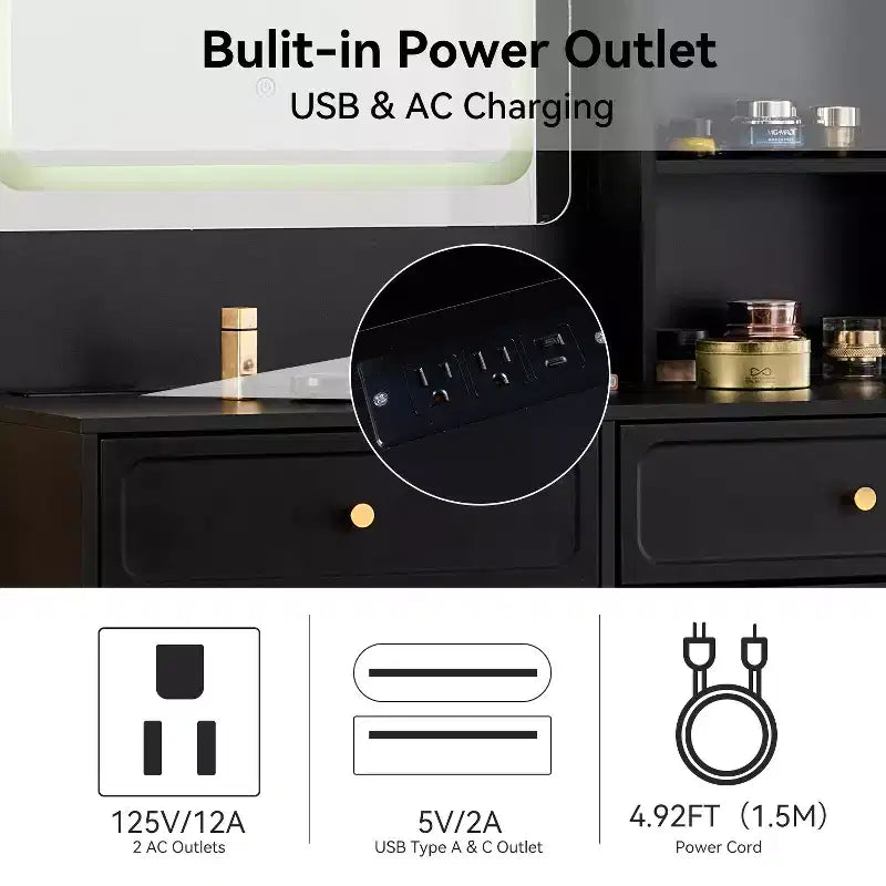 GDFStudio Ramon Coiffeuse 4 tiroirs avec tabouret, miroir dimmable, prise électrique et armoire latérale réglable