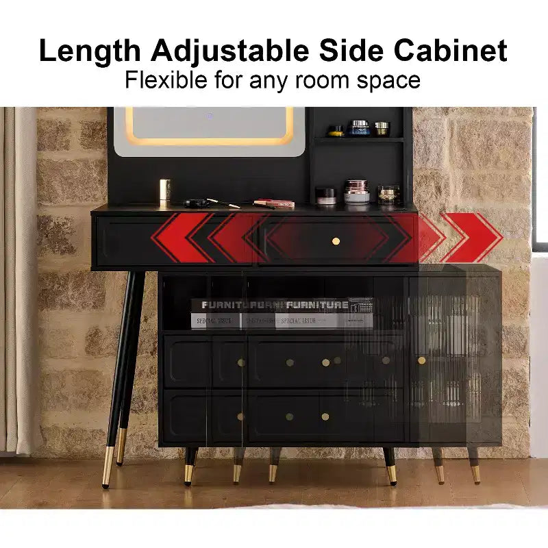 GDFStudio Ramon Coiffeuse 4 tiroirs avec tabouret, miroir dimmable, prise électrique et armoire latérale réglable