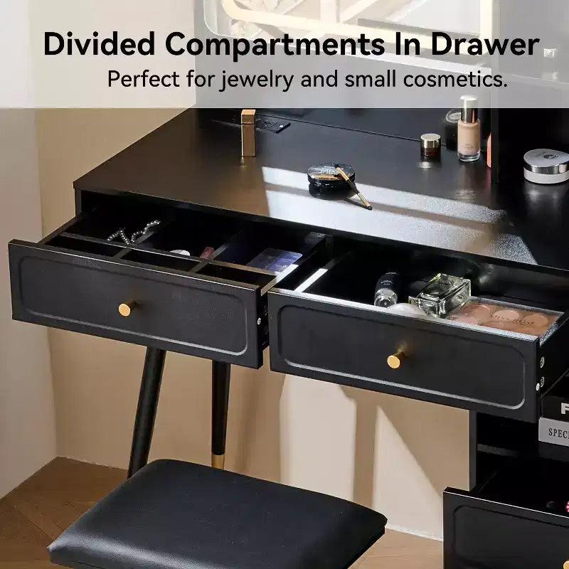 GDFStudio Ramon Coiffeuse 4 tiroirs avec tabouret, miroir dimmable, prise électrique et armoire latérale réglable