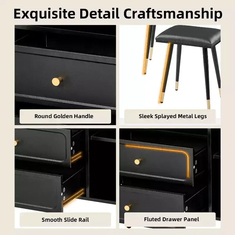 GDFStudio Ramon Coiffeuse 4 tiroirs avec tabouret, miroir dimmable, prise électrique et armoire latérale réglable