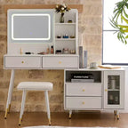 GDFStudio Ramon Coiffeuse 4 tiroirs avec tabouret, miroir dimmable, prise électrique et armoire latérale réglable