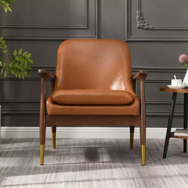 Fauteuil d'appoint mi-siècle en similicuir avec pieds à embouts en laiton, chaise d'appoint luxueuse pour salon, chambre ou appartement-Panipeachy