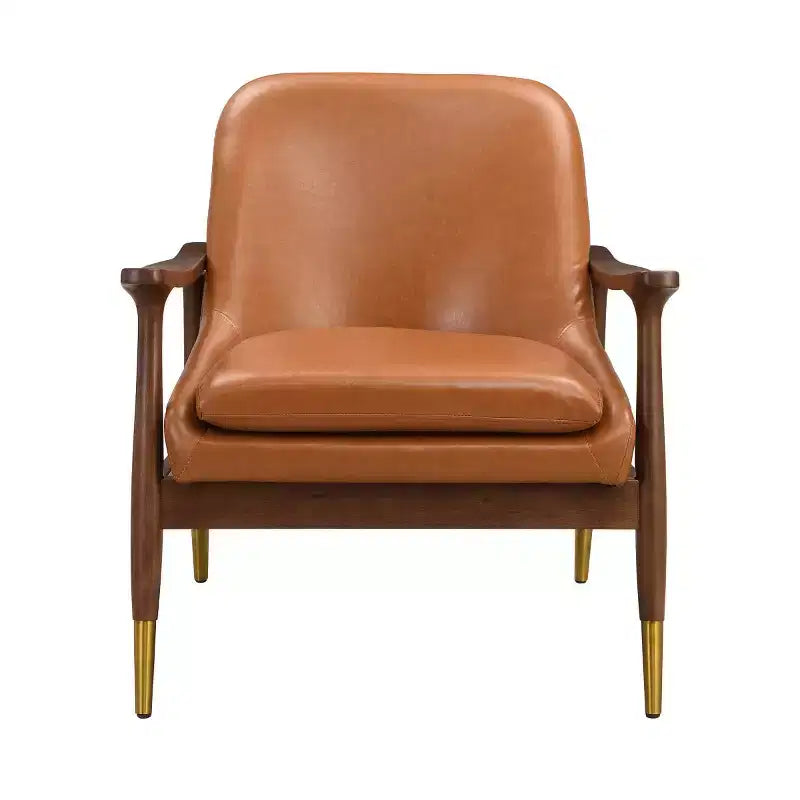Fauteuil d'appoint mi-siècle en similicuir avec pieds à embouts en laiton, chaise d'appoint luxueuse pour salon, chambre ou appartement-Panipeachy