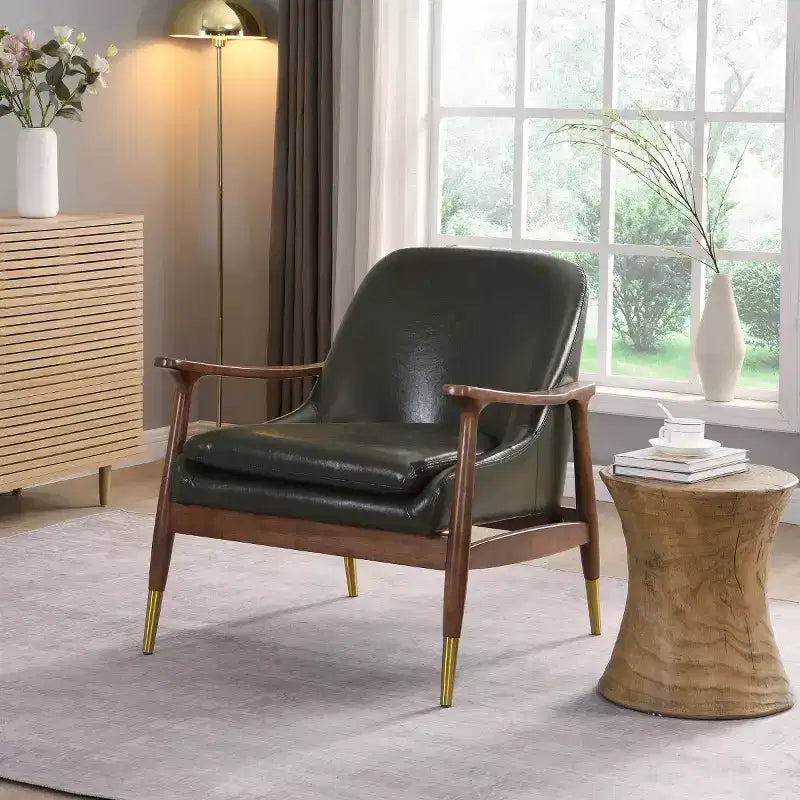Fauteuil d'appoint mi-siècle en similicuir avec pieds à embouts en laiton, chaise d'appoint luxueuse pour salon, chambre ou appartement-Panipeachy