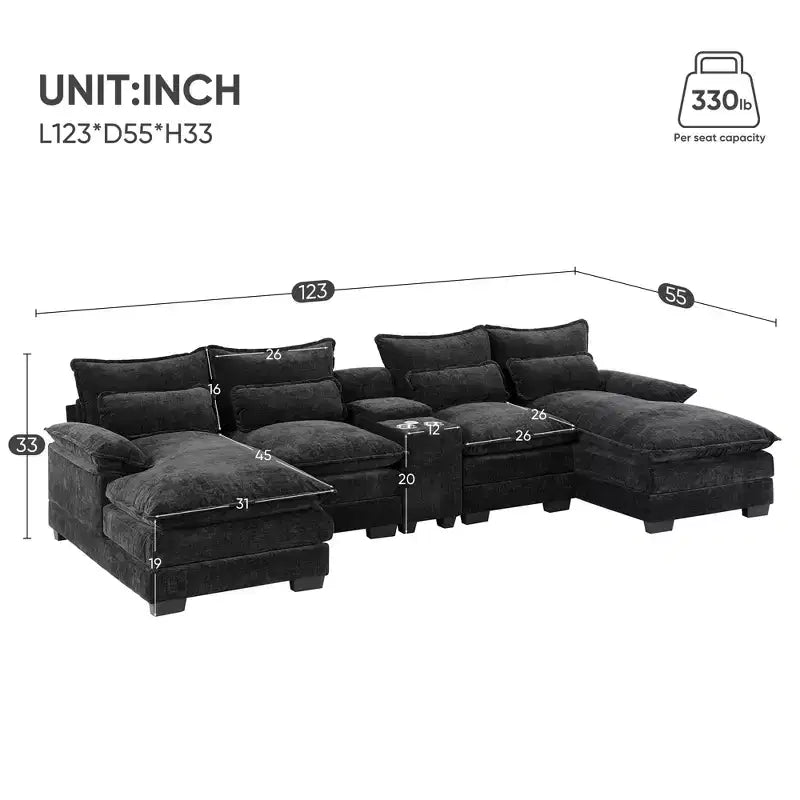 GDFStudio Parker - Canapé d'angle moderne en chenille en U avec console et double méridienne
