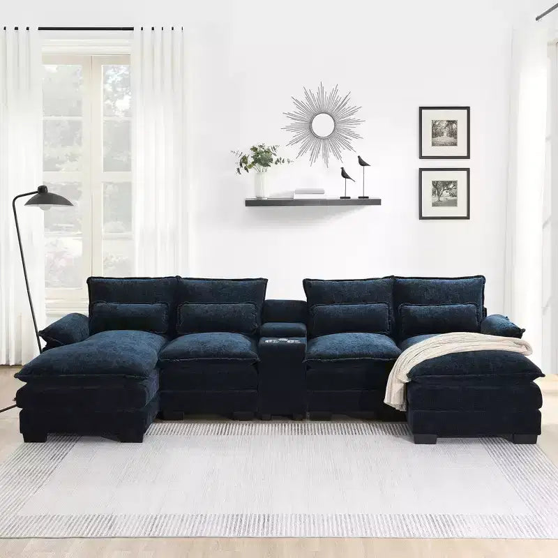 GDFStudio Parker - Canapé d'angle moderne en chenille en U avec console et double méridienne