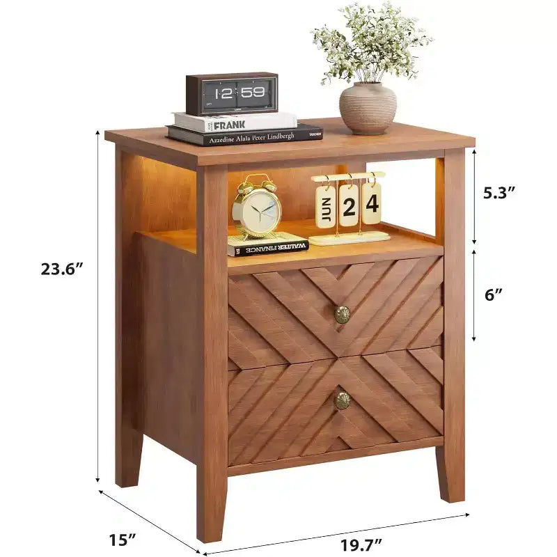 Table de chevet avec 2 tiroirs de rangement, table de chevet rustique avec étagère ouverte et pieds en bois robustes, table d'appoint rustique pour chambre à coucher