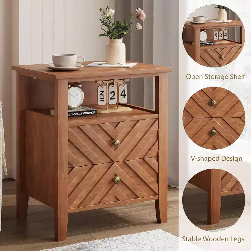 Table de chevet avec 2 tiroirs de rangement, table de chevet rustique avec étagère ouverte et pieds en bois robustes, table d'appoint rustique pour chambre à coucher