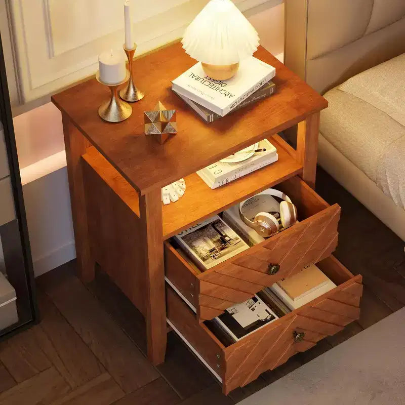 Table de chevet avec 2 tiroirs de rangement, table de chevet rustique avec étagère ouverte et pieds en bois robustes, table d'appoint rustique pour chambre à coucher