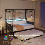 Lit de repos simple avec lit gigogne, Cadre de lit en métal avec station de recharge, Cadre de lit plateforme pour salon ou chambre d'amis, Support à lattes métalliques, Noir