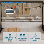 Lit de repos simple avec lit gigogne, Cadre de lit en métal avec station de recharge, Cadre de lit plateforme pour salon ou chambre d'amis, Support à lattes métalliques, Noir