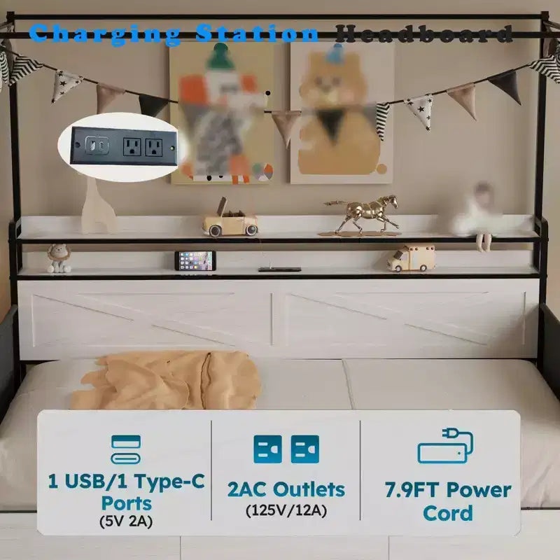 Lit de repos simple avec lit gigogne, Cadre de lit en métal avec station de recharge, Cadre de lit plateforme pour salon ou chambre d'amis, Support à lattes métalliques, Noir