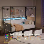 Lit de repos simple avec lit gigogne, Cadre de lit en métal avec station de recharge, Cadre de lit plateforme pour salon ou chambre d'amis, Support à lattes métalliques, Noir