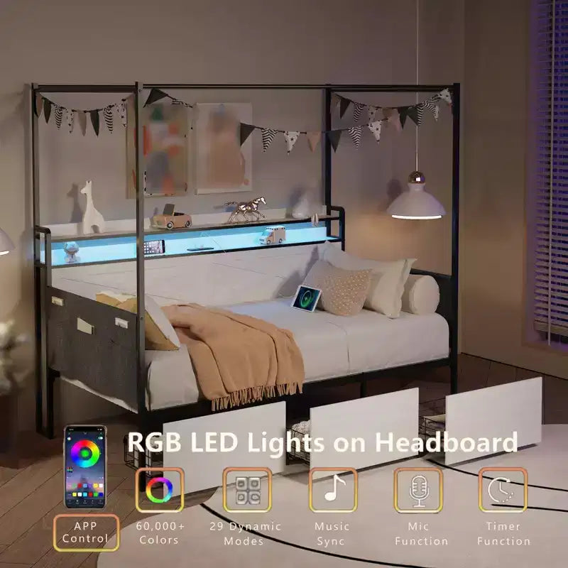 Lit de repos simple avec lit gigogne, Cadre de lit en métal avec station de recharge, Cadre de lit plateforme pour salon ou chambre d'amis, Support à lattes métalliques, Noir