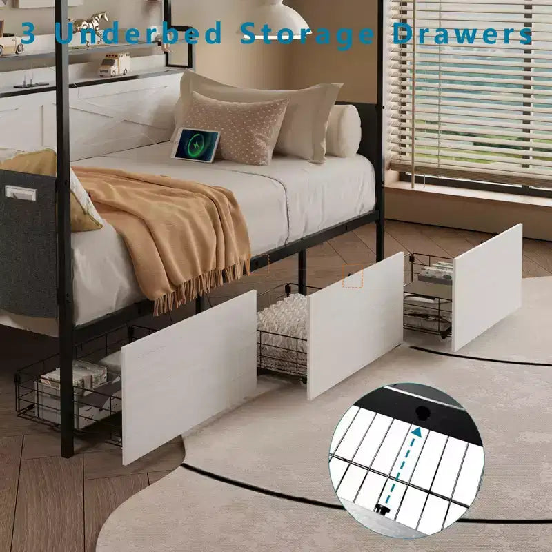 Lit de repos simple avec lit gigogne, Cadre de lit en métal avec station de recharge, Cadre de lit plateforme pour salon ou chambre d'amis, Support à lattes métalliques, Noir