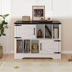 39Meuble de rangement pour tourne-disque, grand meuble de rangement pour vinyles en bois de style ferme pouvant contenir jusqu'à 450 albums avec portes de grange, table de tourne-disque pour salon ou chambre à coucher
