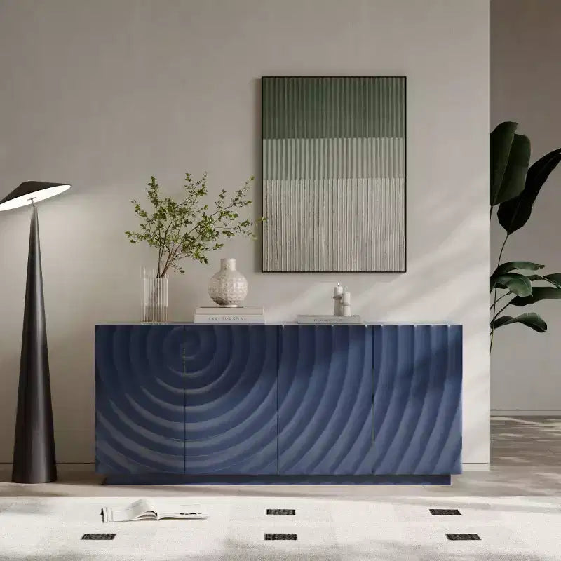 59 Buffet de buffet latéral en spirale moderne, meuble de rangement d'entrée d'art à profil bas avec portes texturées à ondulations 3D - Panipeachy