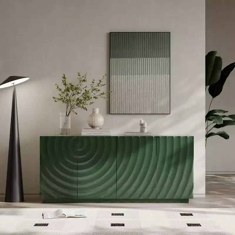 59 Buffet de buffet latéral en spirale moderne, meuble de rangement d'entrée d'art à profil bas avec portes texturées à ondulations 3D - Panipeachy