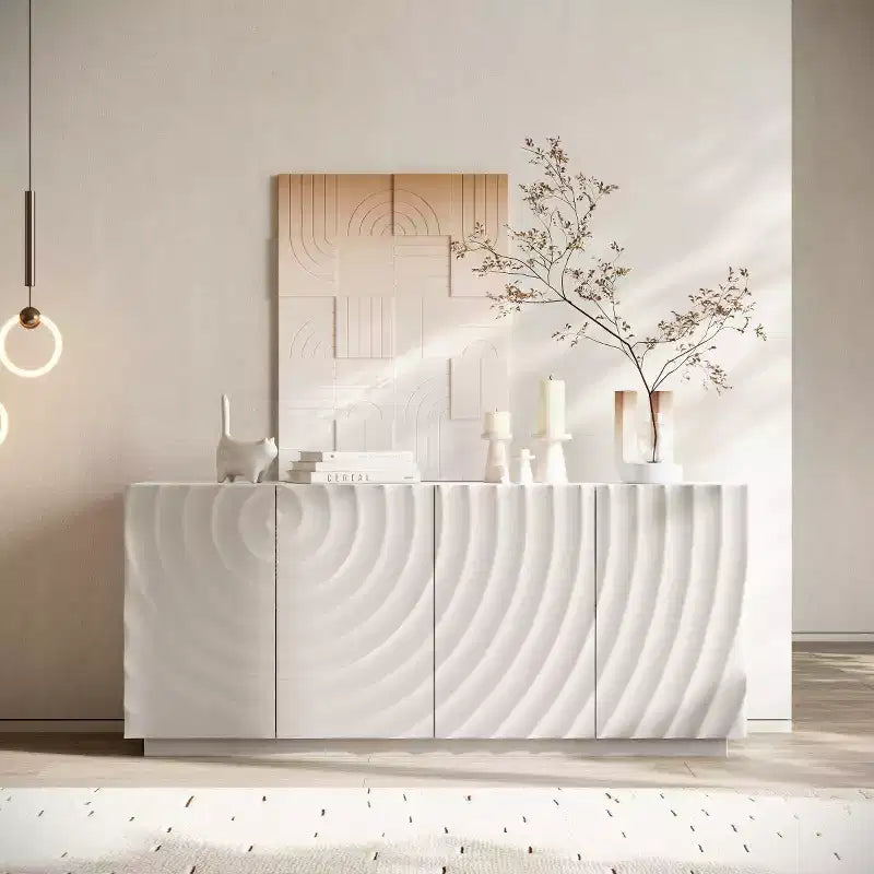 59 Buffet de buffet latéral en spirale moderne, meuble de rangement d'entrée d'art à profil bas avec portes texturées à ondulations 3D - Panipeachy