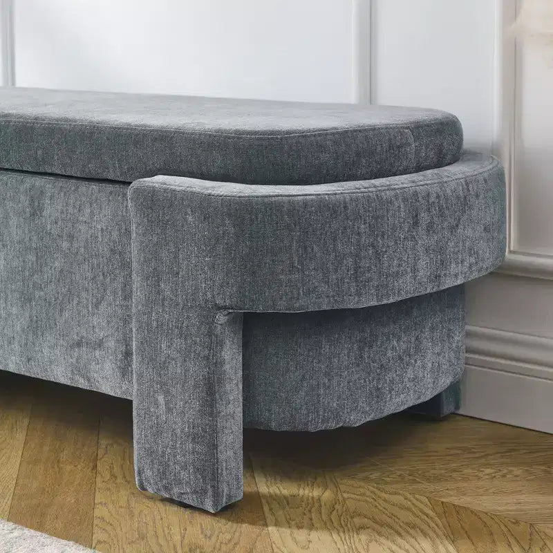 Banc de rangement ottoman ovale Okak avec grand espace de rangement, banc de rangement avec pieds décoratifs en bois et coussins en lin, banc d'entrée