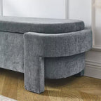 Banc de rangement ottoman ovale Okak avec grand espace de rangement, banc de rangement avec pieds décoratifs en bois et coussins en lin, banc d'entrée
