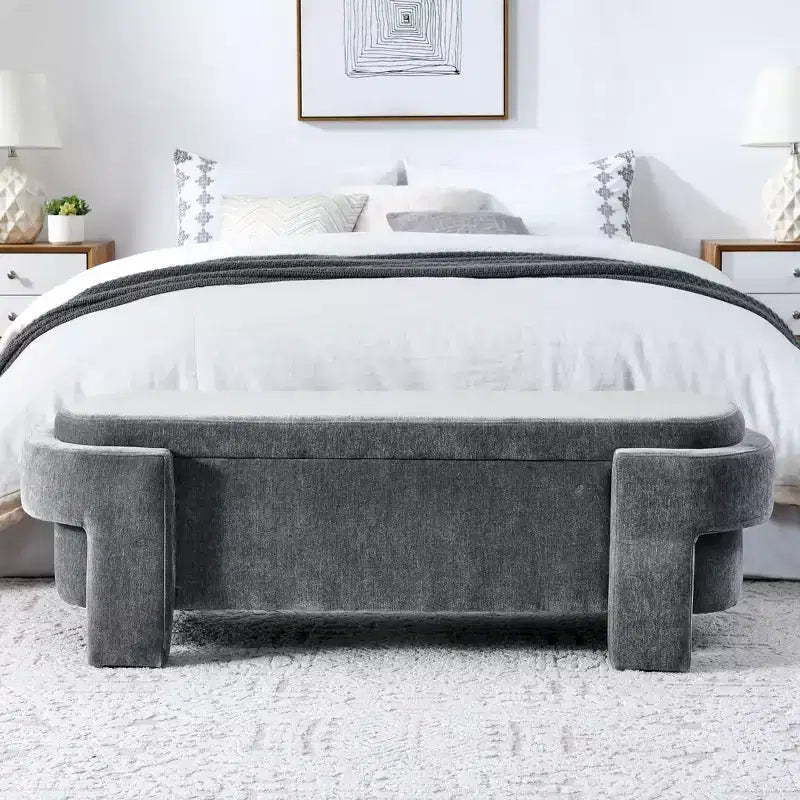 Banc de rangement ottoman ovale Okak avec grand espace de rangement, banc de rangement avec pieds décoratifs en bois et coussins en lin, banc d'entrée