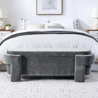 Banc de rangement ottoman ovale Okak avec grand espace de rangement, banc de rangement avec pieds décoratifs en bois et coussins en lin, banc d'entrée