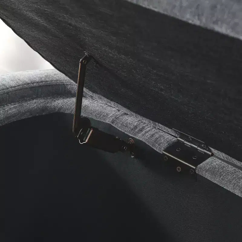 Banc de rangement ottoman ovale Okak avec grand espace de rangement, banc de rangement avec pieds décoratifs en bois et coussins en lin, banc d'entrée