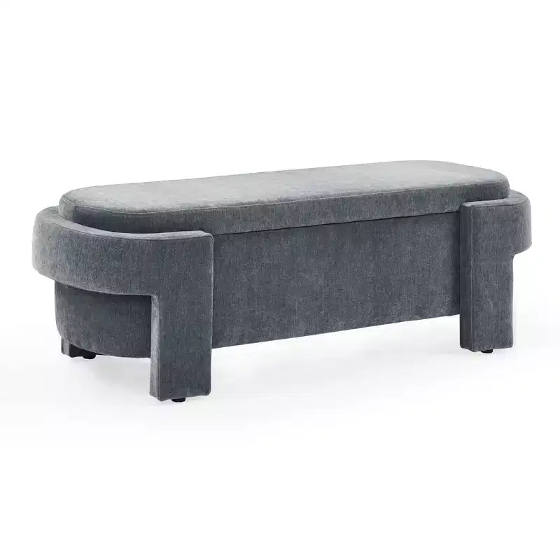 Banc de rangement ottoman ovale Okak avec grand espace de rangement, banc de rangement avec pieds décoratifs en bois et coussins en lin, banc d'entrée